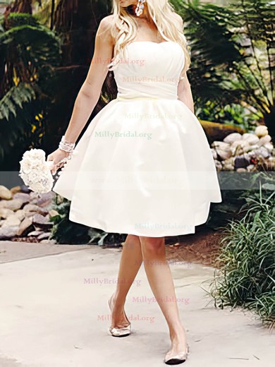 Ball Gown White Satin Ruffles Lace-up Modest Knee-length Wedding Dress #00020516