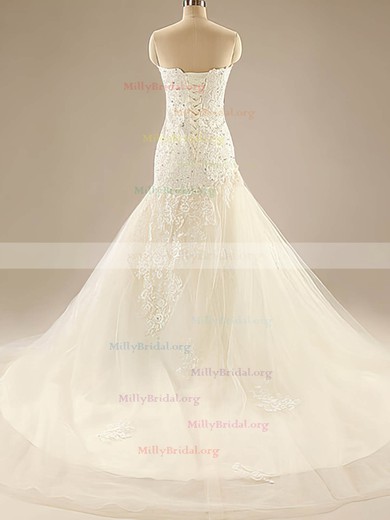 Sashes/Ribbons and Appliques Lace Ivory Tulle Lace-up Sweetheart Trumpet/Mermaid Wedding Dresses #00020525