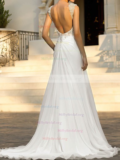 Beading Straps Chiffon Sweetheart White Open Back Elegant Wedding Dresses #00020543