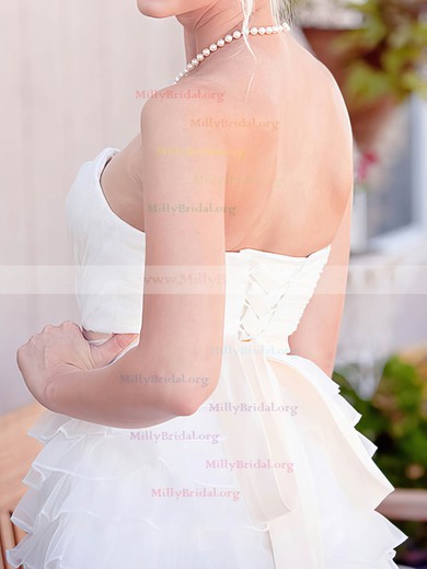 Sweet White Organza Tiered Sweetheart With Sashes/Ribbons Knee-length Wedding Dresses #00020562