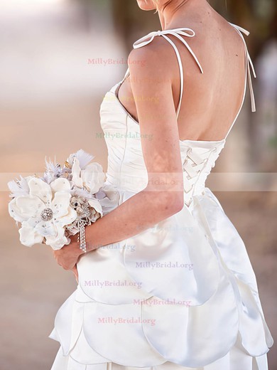 Cute Tiered White Satin Spaghetti Straps And Sweetheart Short/Mini Wedding Dress #00020575