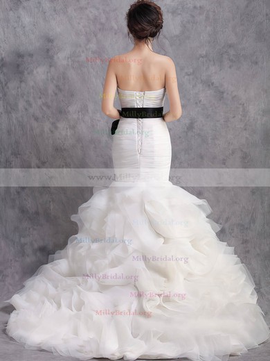 Trumpet/Mermaid Sweetheart Tiered White Organza With Black Sashes/Ribbons Unusual Wedding Dresses #00020584