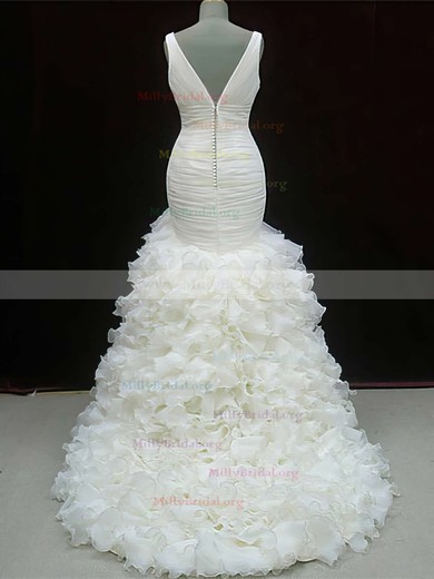 Ivory Organza Tiered Trendy V-neck Trumpet/Mermaid Wedding Dresses #00020604