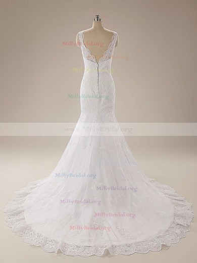 Fashion Lace Scalloped Neck Draped Trumpet/Mermaid Court Train Wedding Dress #00020625