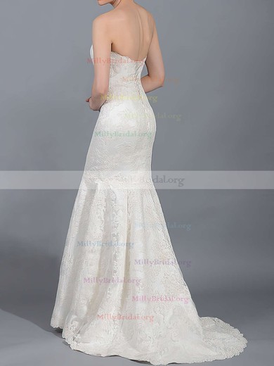 Sweetheart Ivory Draped Lace-up Fashion Trumpet/Mermaid Lace Wedding Dresses #00020866