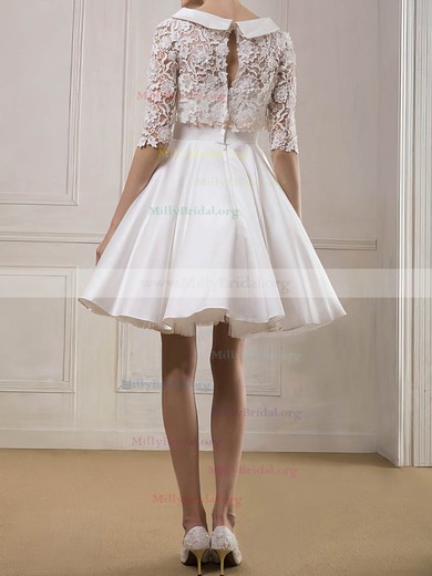 Cute Cowl Neck 1/2 Sleeve Short/Mini White Lace Satin Wedding Dresses #00020930