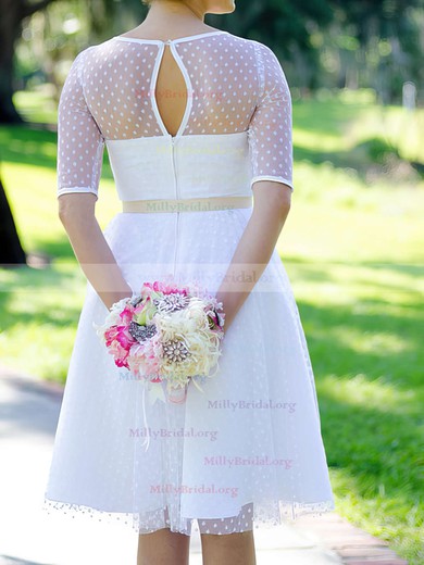 White Tulle Sashes/Ribbons Scoop Neck Online Knee-length 1/2 Sleeve Wedding Dresses #00020975