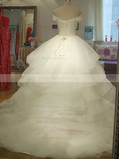 Gorgeous Ivory Organza Off-the-shoulder Tiered Lace-up Court Train Wedding Dress #00020986