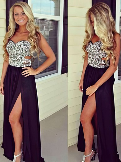 Modest Sweetheart Split Front Black Chiffon Beading Prom Dress #02016065 Modest Sweetheart Split Front Black Chiffon Beading Prom Dress #02016065