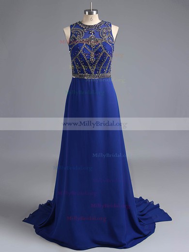 A-line Scoop Neck Chiffon Tulle Sweep Train Beading Prom Dresses #02016841
