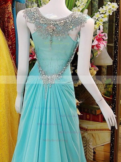 Beading Chiffon Tulle V-neck with Cap Straps Blue Fashion Long Prom Dresses #02016856