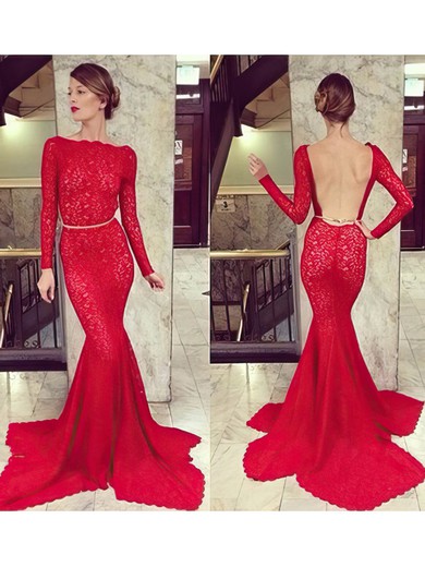 Red Lace Trumpet/Mermaid Scoop Neck Long Sleeve Sexy Backless Prom Dresses #02016939 Red Lace Trumpet/Mermaid Scoop Neck Long Sleeve Sexy Backless Prom Dresses #02016939