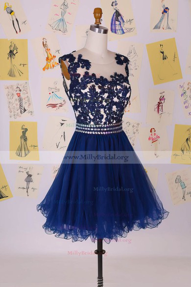 Short/Mini Royal Blue Noble Tulle Scoop Neck Appliques Lace Prom Dress #02017745