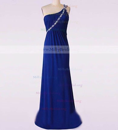Royal Blue Chiffon One Shoulder Beading Sweep Train Prom Dress #02017621