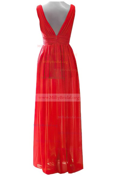 Red Chiffon Split Front V-neck and V-back Noble Long Prom Dresses #02017693