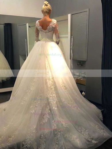 Boutique Ball Gown Ivory Chapel Train Tulle Lace Beading Long Sleeve Wedding Dress #00021194