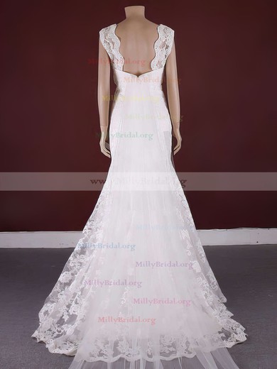 Gorgeous Watteau Train Lace Scoop Neck Trumpet/Mermaid Appliques Lace Wedding Dress #00021371