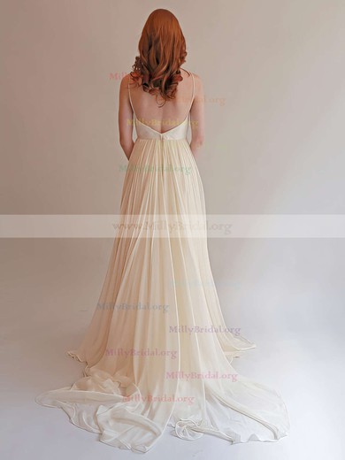 Chiffon Ruffles With Spaghetti Straps Ivory Sweetheart Simple Backless Wedding Dress #00021393