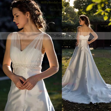 Ivory V-neck Satin Tulle And Lace Beading Best Chapel Train Wedding Dress #00021397