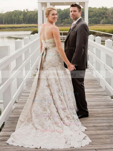 Lace Sweetheart And Sashes/Ribbons Champagne Unique Watteau Train Wedding Dresses #00021403