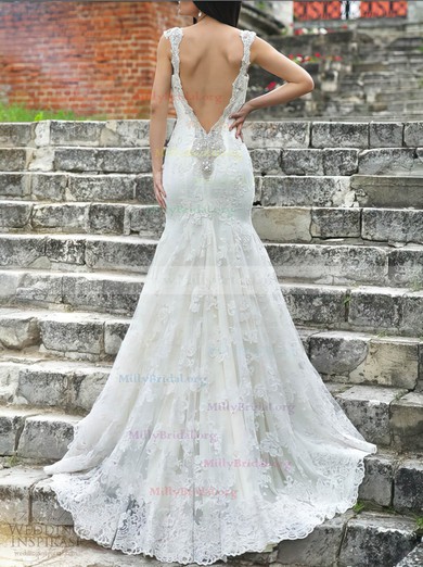 Sweetheart Straps Ivory Lace And Open Back Glamorous Trumpet/Mermaid Wedding Dresses #00021406