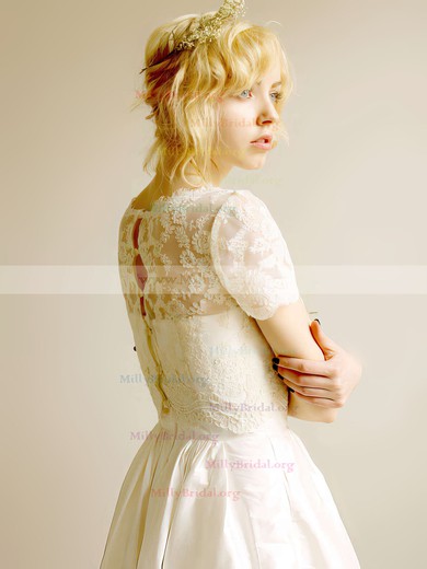 Ivory Taffeta Scoop Neck Tea-length Modest Lace Short Sleeve Wedding Dress #00021407