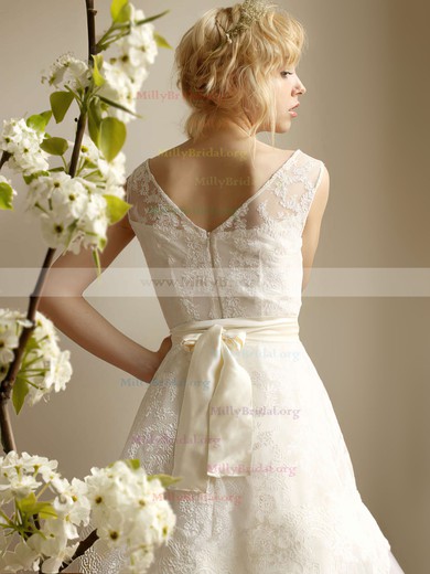 Best Scoop Neck Cascading Ruffles Tea-length Ivory Lace Tulle Wedding Dress #00021253