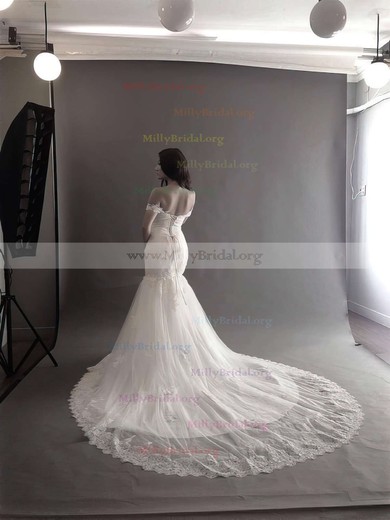 Off-the-shoulder Appliques Lace Tulle Lace-up Cathedral Train Gorgeous Wedding Dress #00021260