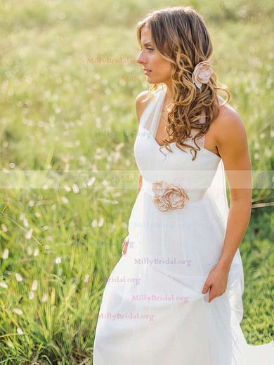 Elegant Halter White Tulle Sashes / Ribbons Sweep Train Wedding Dress #00021270