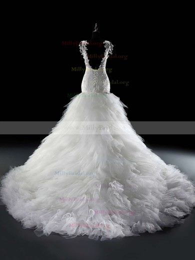 Fabulous Chapel Train V-neck Lace Tulle Lace-up Trumpet/Mermaid Wedding Dress #00021291