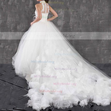 Stunning Ball Gown White Tulle Appliques And Feathers High Neck Wedding Dresses #00021299