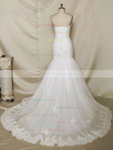 Fabulous Trumpet/Mermaid Lace Tulle Lace-up Appliques Lace Chapel Train Wedding Dress #00021356