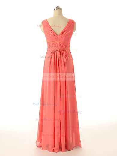 V-neck Watermelon Chiffon Ruffles A-line Discount Bridesmaid Dresses #01012409
