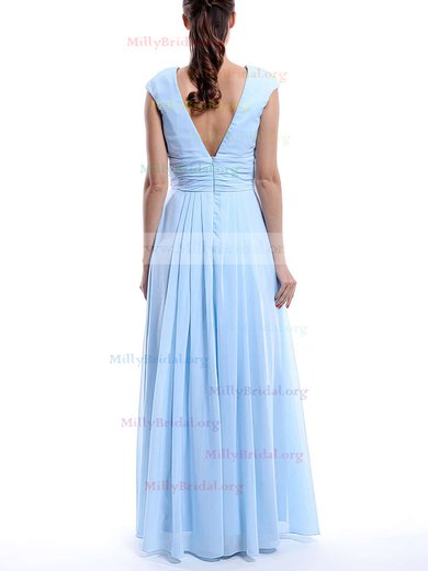 A-line Light Sky Blue Chiffon Cap Straps Ruffles V-neck Bridesmaid Dress #01012423