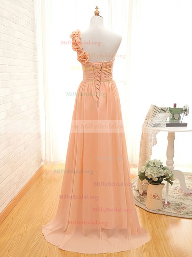 Lace-up One Shoulder Orange Chiffon with Flower(s) Sweep Train Bridesmaid Dress #01012434
