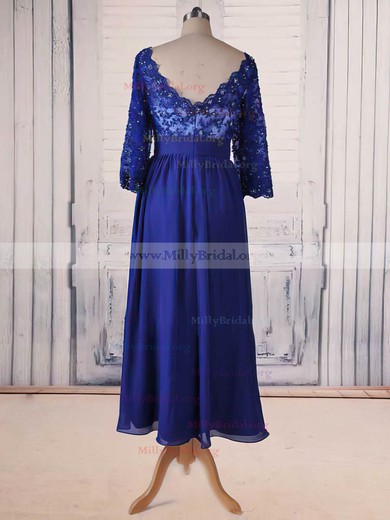 Royal Blue Chiffon Lace 1/2 Sleeve V-neck Beading Tea-length Mother of the Bride Dress #01021564