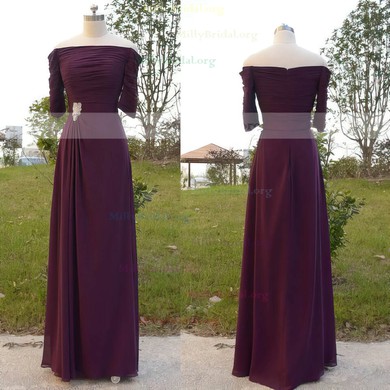 Purple Chiffon Pleats Off-the-shoulder 1/2 Sleeve A-line Mother of the Bride Dress #01021566