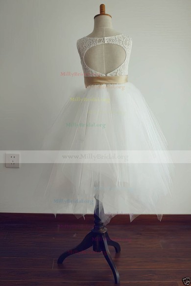 Tea-length Lace Tulle Sashes / Ribbons Open Back Scoop Neck Ivory Flower Girl Dresses #01031804