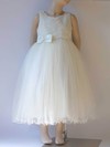 Unique Ivory Scoop Neck Satin Tulle with Bow Tea-length Flower Girl Dress #01031807