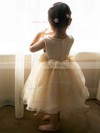 Pretty Scoop Neck Satin Organza with Pearl Detailing Tea-length Flower Girl Dress #01031817