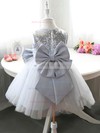Beautiful Tea-length Silver Tulle Sequined with Bow Scoop Neck Flower Girl Dress #01031834