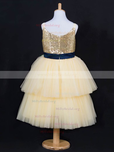 Light Yellow Floor-length Tulle Sequined Sashes / Ribbons Scoop Neck Flower Girl Dress #01031837
