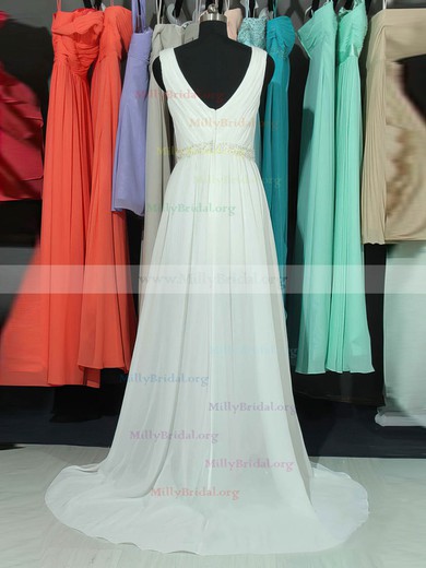 A-line V-neck Chiffon Sweep Train Lace Prom Dresses #02018761
