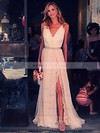 A-line V-neck Chiffon Sweep Train Lace Prom Dresses #02018761