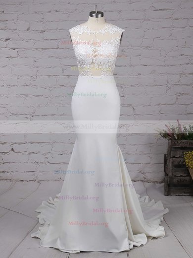Modest Silk-like Satin Applique Lace Scoop Neck White Trumpet/Mermaid Long Prom Dresses #02018838