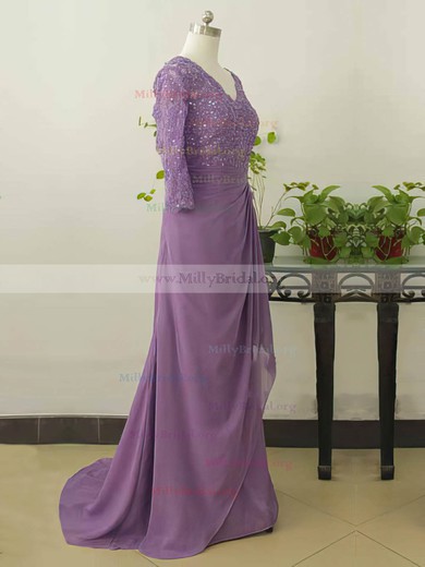 1/2 Sleeve V-neck Chiffon Appliques Lace Sweep Train Beautiful Mother of the Bride Dress #01021578