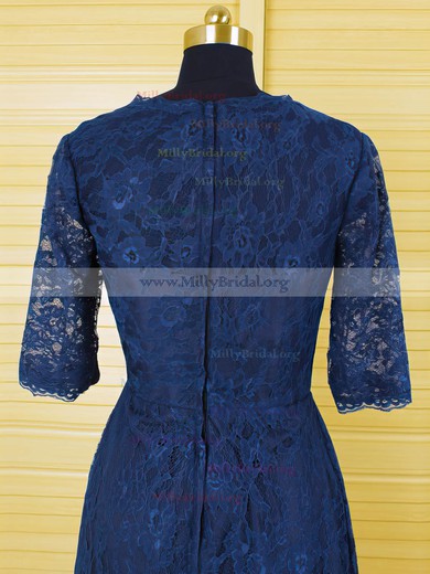 Fashionable Tea-length Dark Navy Scoop Neck Lace 1/2 Sleeve Mother of the Bride Dresses #01021616
