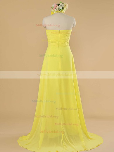 Best Yellow Chiffon with Ruffles Sweep Train Halter Bridesmaid Dress #01012482