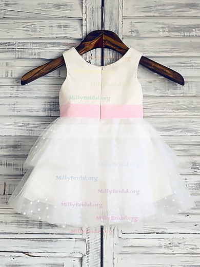 White Ball Gown Tulle Elastic Woven Satin with Flower(s) Scoop Neck Flower Girl Dress #01031847
