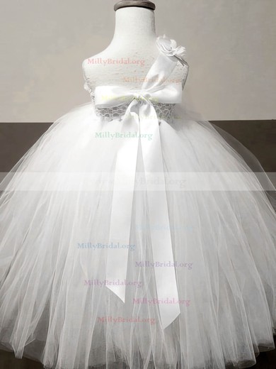 Pretty Ankle-length White Tulle with Flower(s) One Shoulder Flower Girl Dresses #01031854